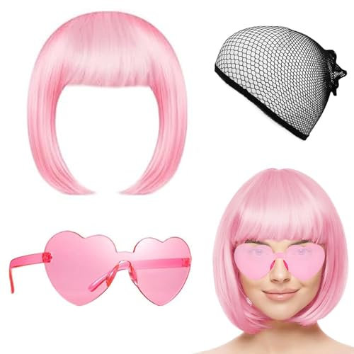 Parrucca corta a caschetto rosa con cuffia per parrucca e occhiali da sole, per donne, accessorio colorato per cosplay per feste, caschetto rosa da donna