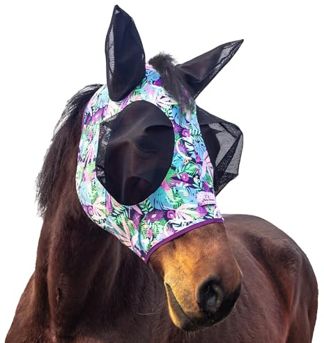 Horzmetnex Stretchy Horse Fly Mask with Ears,Extra-Large Eyes & Mane Opening – Soft, Breathable Fly Mask for Horses, Tangle-Free Design, Enhanced Visibility (Purple Leaves, Full (Large))
