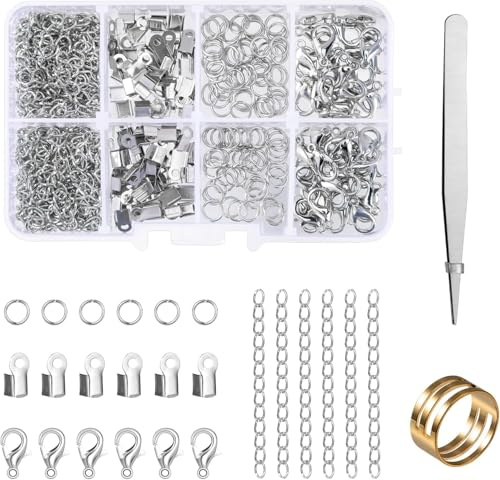 Cierre de cadena, 300 unidades, cierre de mosquetón, anillos de flexión, extremos de crimpado y cadena de extensión, cierres de joyas para fabricación de joyas, color plateado