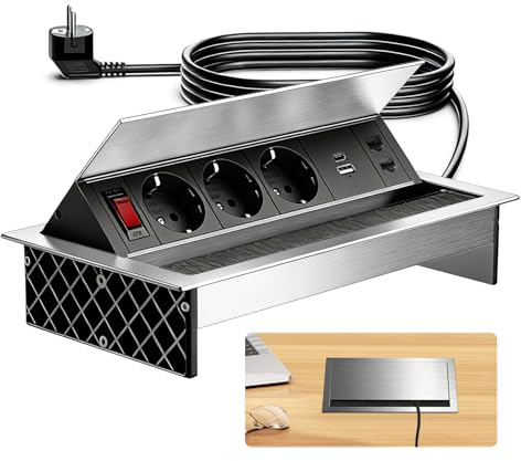 Multipresa Ciabatta a Scomparsa, Presa da Incasso in Alluminio 3 Prese con Type C, USB e 2 CAT6, Presa da Tavolo a Scomparsa con Interruttore per Cucina, Scrivania e Ufficio, Cavo da 1,8M