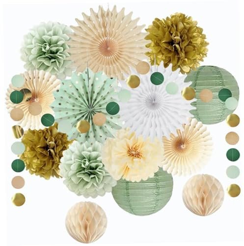 15 pièces décorations de fête vert sauge, pompons en papier, lanternes en papier et éventails décorations de fête avec points paillettes suspendus pour décor mariage, nuptiale, remise d