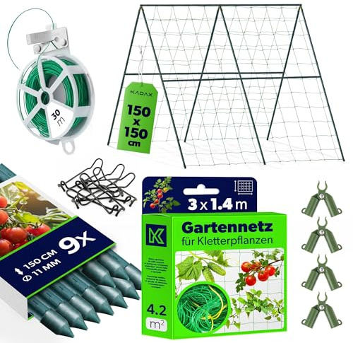 KADAX Set di aiuti per cetrioli, 9 bastoncini per piante da 150 cm, rete da 1,8 x 5 m, 4 connettori per barre, 30 m, filo da giardino, griglia per cetrioli, traliccio, traliccio per cetriolo