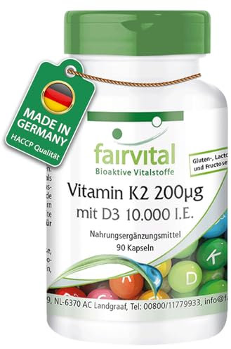 Fairvital | Vitamin D3 + K2 Kapseln - 90 Kapseln - Vitamin D3 10.000 I.E Depot + Vitamin K2 MK-7 200mcg pro Kapsel - HOCHDOSIERT & Vegan - nur 1 Kapsel alle 10 Tage