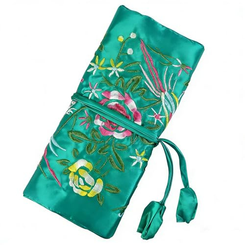 Wei Long Jewelry Roll, Travel Jewelry Roll Bag,Silk Embroidery Brocade Jewelry Organizer Case with Tie Close (Blossom, Green)