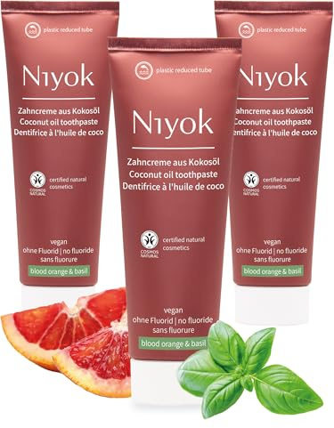Niyok Zahncreme aus Bio Kokosöl Blutorange & Basilikum (3 x 75ml), Natürliche Zahnpasta für weiße Zähne, Intensive Pflege & Frische, Schützt das Zahnfleisch, Ohne Fluorid & Vegan