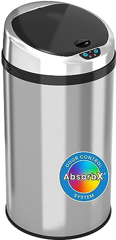 iTouchless 8 Gallon Touchless Kitchen Trash Odor Control System, Stainless Steel, Round Garbage Bin for Home or Office, Sensor Can, 08 Gallon
