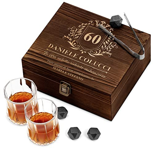 Maverton Set di Pietre da Whisky - cofanetto con incisione personalizzata - 8 cubetti di ghiaccio + 2 bicchieri - in granito - riutilizzabili - idea regalo uomo - corona