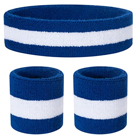 ONUPGO 1 fascia sportiva in cotone per bambini (1 fascia + 2 polsi) (Blu/White/Blue)