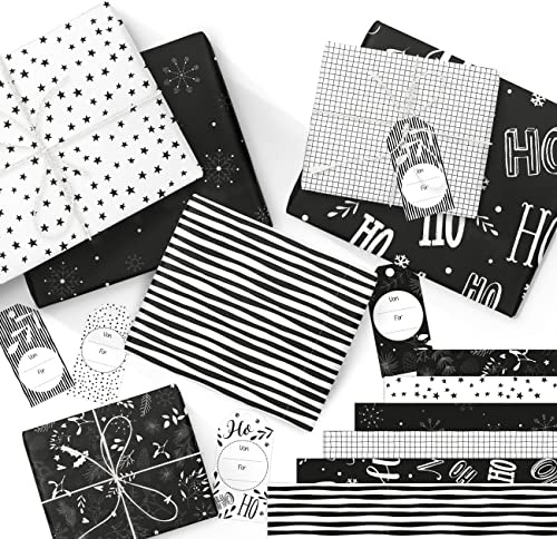 Papierdrachen 6 fogli di carta da regalo natalizia stampata 60x40cm - 6 diversi design di alta qualità su carta da 100g/m² e 12 bigliettini regalo (5x10cm) - Motivo bianco e nero Set 9