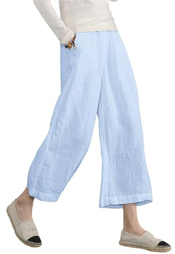 Ecupper Pantalon Femme Taille Elastique Pantalons Large Fluide Pantalon Cargo D'Été 7/8 en Coton