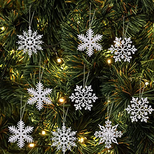 24 stycken julflingor, julgranshängare, snöflingor dekoration med 24 rep, snöflingor att hänga upp för julgran, glitter, julgransprydnad för julfester (silver)