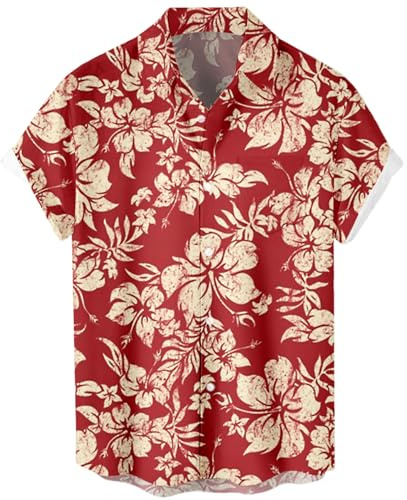 Men's Short Sleeve Button Up Hawaiian Shirt 1950s Vintage Bowling Shirts, Hawaiian-red Yellow Flower, Medium