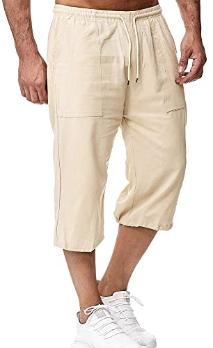 LVCBL Men's Cotton Linen Blend 3/4 Length Capri Shorts - Casual Beach Summer Shorts with Elastic Waist and Pockets Khaki L
