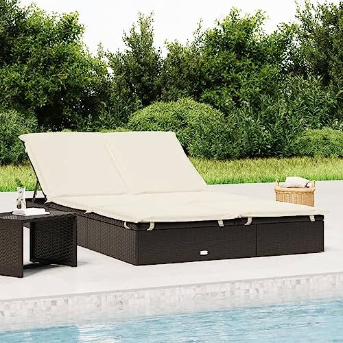 Festnight Tumbona Doble de Jardín de Poliratán con Cojines,Tumbona 2 Personas, Cama de Jardín Reclinable 208 x 55 x 3 cm Blanco Crema