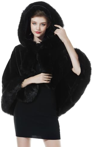 BEAUTELICATE Estola de Pelo para Bodas Cape con Capucha Poncho de Piel Sintética Chal Mujer Fiesta Boleros Novia Halloween Navidad Invierno (Negro,Talla única)