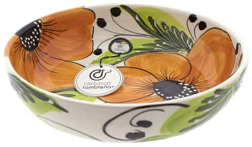 CERÁMICA RAMBLEÑA | Ensaladera cerámica | Ensaladeras originales | Ensaladeras decoración Flor Naranja - Modelo 27 | Decoración 100% hecho a mano | 27x27x7 cm