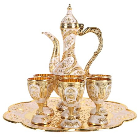 Turkish Tea Set, Vintage Zinc Alloy Tea Set Turkish Coffee Set with Teapot Tray and 6 Cups for Home Decor Birthday Christmas Housewarming Wedding (Gold and White)