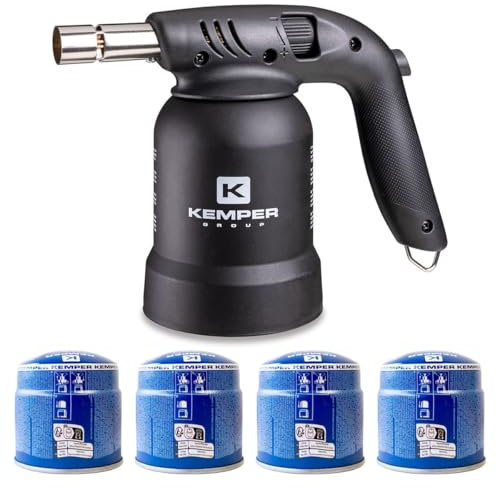 KEMPER - Lampe à souder à gaz Professionnelle Utilisation 360° Chalumeau Gaz Allumage piezo 4 Cartouches gaz Perçables