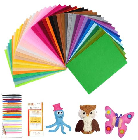 40 Farben Bastelfilz, 20 x 15 cm Filzstoff, Polyester Felt Fabric Filzplatten mit Bunter Stickgarn und Nähnadel, Farbig Filz Blätter zum DIY Handwerk Nähen Projekte Manual Decoration