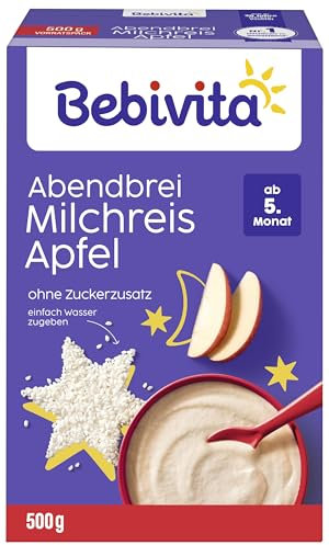 Bebivita Milchbreie ohne Zuckerzusatz Abendbrei Milchreis mit Apfel, 500g 4er Pack (4x500g)