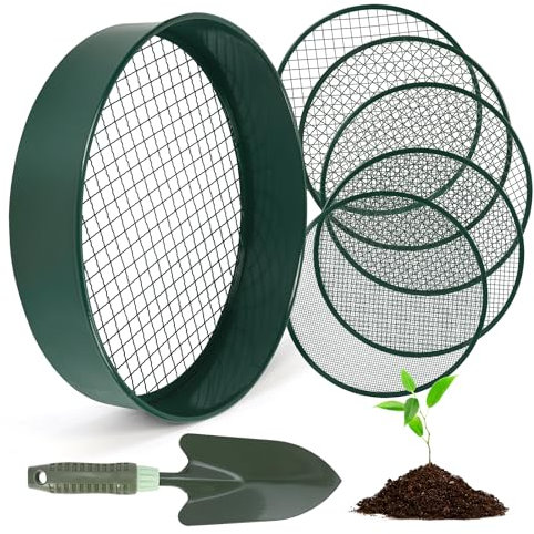 Zoelele Tamiz de Suelo para Jardinería, Tamiz de Suelo de Acero Inoxidable de 12 Pulgadas con 5 Pantallas Finas Reemplazables, Guantes y Pala, Tamiz para Arena, 3 mm, 5 mm, 8 mm, 10 mm, 12 mm (Verde)