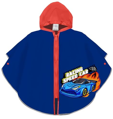 PERLETTI Poncho Antipioggia Bambino con Cerniera - Mantella Pioggia Impermeabile Bambini Scuola Materna con Cappuccio - Mantellina Bimbo 3 4 5 6 Anni con Profili Catarifrangenti (Racing Car, 3-6 Anni)