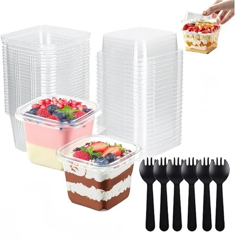 CAASFOOY tazze da dessert quadrate trasparenti, 50 Pezzi 8oz tazze bicchieri da dessert,Monoporzione per Dolci,Finger food con coperchio e Cucchiaio, per Budini,Gelati, Mousse