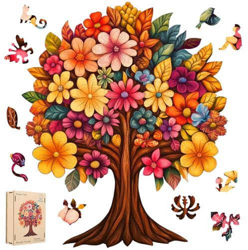 Pikoqunc Wooden Flower Tree Puzzles for Mom Grandma, Tree of Life Wooden Jigsaw Puzzle – Colorful Nature Floral Puzzle, 10’’ x 12’’Tree Shaped Design for Home Décor & Gift (180Pcs)