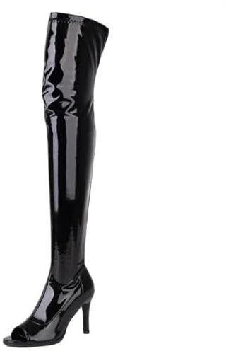 Ceciloroda Women's Overknee Boots Peep Toe Stiletto Heels Stretch Thigh High Boots Patent Pole Stripper Dance Heels Botas de Mujer Black Size 43