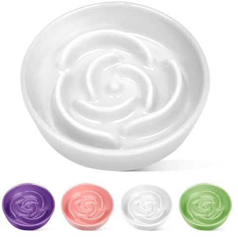TRUVIC Ceramic Slow Feeder Dog Bowls, 1.5 Cup Puzzle Slow Feeder Bowls for Fast Eaters, Ceramic Dog Food Dish no Black Chin, Puzzle Bowl for Medium Dogs, White