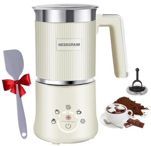 Milchaufschäumer Elektrisch 5-in-1, Milchschäumer Spülmaschinenfest mit Kakao Funktion für heißer Schokoladen, Heißer/Kalter Milchschaum, Warme Milch, 220V (Beige)