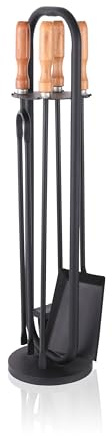 Relaxdays Set di 5 Accessori per caminetto attizzatoio, Paletta, scopino, Pinza in Legno, Nero/Naturale 75x17x17 cm