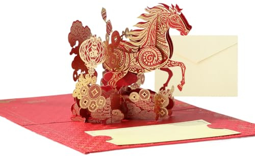 2026 Carte Di Capodanno Cinese, Biglietto Regalo 3D Con Busta Biglietti Di Saluto Per Anno Del Cavallo, Vintage 2026 Carta Cavallo,Per Famiglia Amiche Donne Bambini Vacanze Capodanno Decorazione Festa