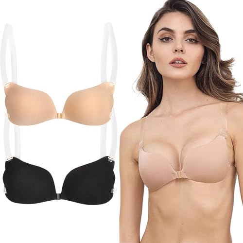 GWAWG 2-pack klibbig push-up BH med avtagbara klara remmar, osynlig återanvändbar självhäftande BH för kvinnor, rygglös axelbandslös för bröllop kväll festklänningar, Flerfärgad, L