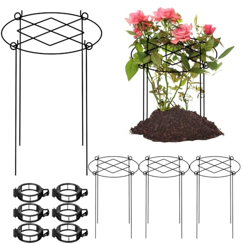 Peony Cages and Supports, 4 Packs Heavy Duty Metal Plant Support, 11.5 Dx16 H Rust-Proof Grow Through Flower Cage, Adjustable Ring for Tomatoes, Hydrangeas, Strawberries & Perennial Flowers