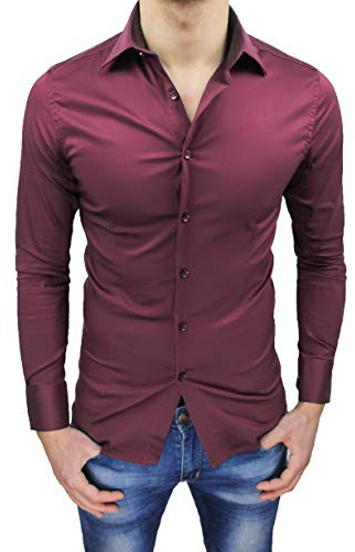 Camisa de hombre Sartorial Slim Fit Slim Fit Casual Elegante, burdeos, L