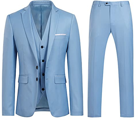 Mens Suit Slim Fit 3 Piece Wedding Suits Classic Tuxedo Blazer Waistcoat Trousers, Sky Blue, L