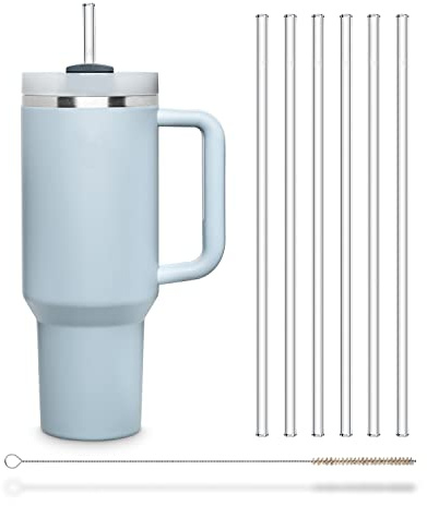 HALM Glasstrohhalme 6x 30 cm lang für Stanley Cup Quencher Tumbler & Flaschen bis 1,2 Liter + Reinigungsbürste Spülmaschinenfest - Wiederverwendbare Strohhalme - Glastrinkhalme für Trinkflaschen