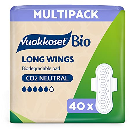 Vuokkoset Eco Long Wings Sanitary Towel, Thin 11.2 Inch, 40 pcs | Biodegradable, For Sensitive Skin, Organic Cotton, Free of Dyes, Fragrances & Chlorine, Absorbent Core