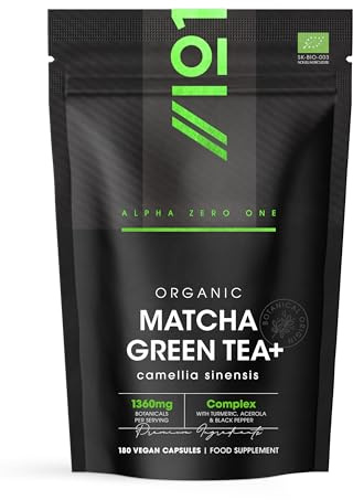 Organic Matcha Green Tea Extract 1360mg - 180 Vegan Capsules - Boosted with Turmeric, Acerola & Black Pepper – Resealable and Recyclable Pouch by Alpha01