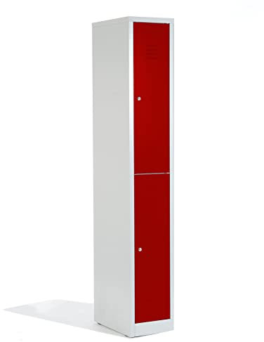 Schrank & Stuhl Spind – Metallspind mit 1 x 2 Abteilen 195 x 31,5 x 50 cm, Schließfachschrank mit Zylinderschlössern, Lieferung komplett montiert, Grau/Rot