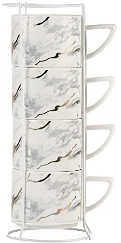 All-Pie Lot de 4 tasses à cappuccino empilables en céramique avec support de tasses - 210 ml (blanc)