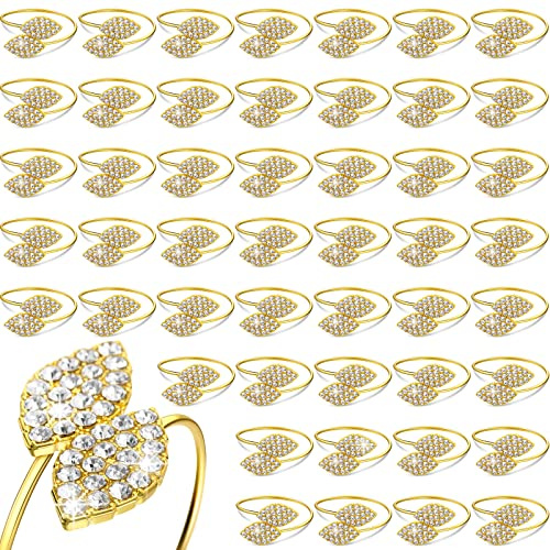 Hotop 48 Pcs Gold Napkin Rings Gold Table Decorations, Elegant Bling Leaves Napkin Rings, Rhinestone Guest Towels Buckle for Holiday Gather Party, Wedding Dinner Banquet Table Decoration