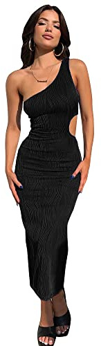 QKEPCY Robe Epaule Denudee Femme Asymétrique Une Bretelle Moulante Longue Chic Et Elegant Côté Découpe Soirée Cocktail Club Robe de Soiree Sexy Tendance Bretelle Fine