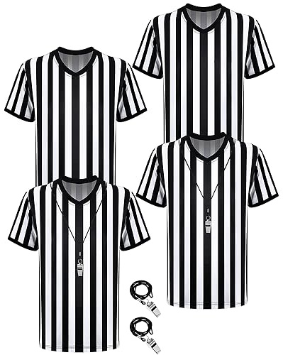 Sintege 4 Sets White and Black Soccer Referee Stripe Shirt with Whistle Official Referee Costume Shirt Football Umpire Jersey Halloween Costume for Adult(Adults Large, Adults Medium)