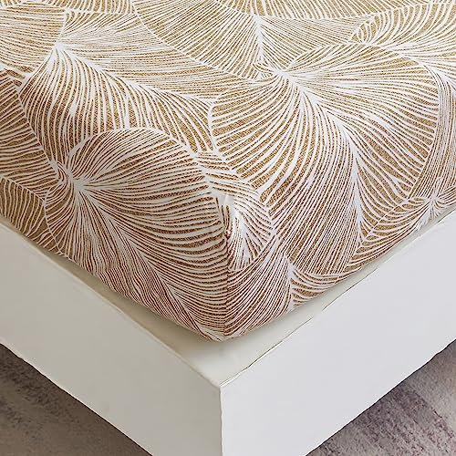 Spannbettlaken 160x200 cm - Tropisches Blättermuster - Spannbettuch Bis 30 cm Matratzenhöhe - Bettlaken Weiche Polyester-Mikrofaser Beige