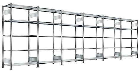 Steckregal, verzinkt, Breite 6 m, Höhe 2 m, Tiefe 0,8 m, 5 Böden, Fachlast 330 kg, beidseitig