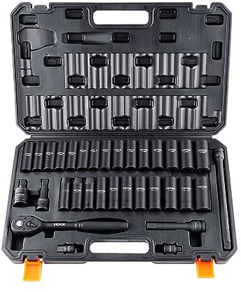 VEVOR Jeu de Douilles à Choc 1/2 Jeu de 26 Douilles à Impact avec Outil à Cliquet 6 Pans en Acier Allié CR-V HRC 42-48 Solide Repère de Taille Facile avec Mallette de Transport pour Réparation Auto