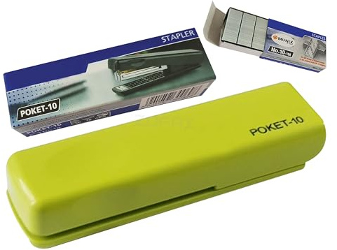 ZPOCKET10 Handy Folding Type Mini Stapler, Green Body + 1000 Staples, 10 Sheets Stapling, Perfect School Home Travel Stapler, iZOFAX Black Ball Pen