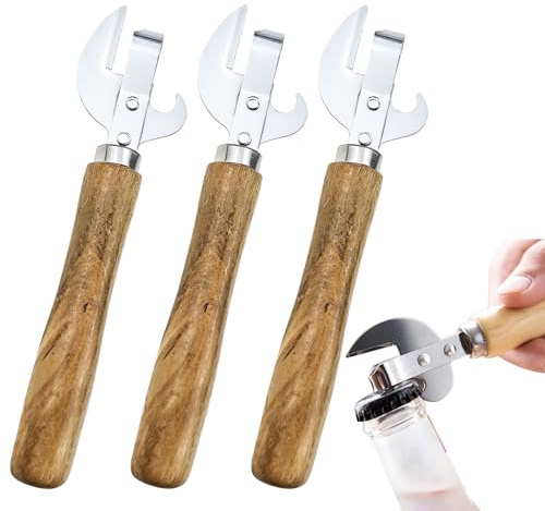 3 PACK Stainless Steel Kitchen Utensil Multifunctional Lid Remov with Wood Handle Bottle Punch Can Opener for Camping and Traveling